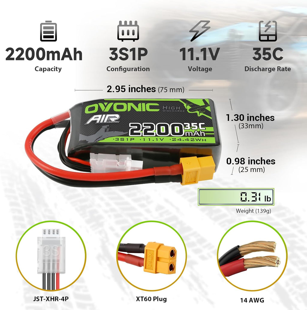 OVONIC 3s Lipo Battery 35C (Burst 70C) 2200mAh 11.1V Lipo Battery with XT60 Connector for Airplane RC Quadcopter Helicopter FPV Drone(2pcs)