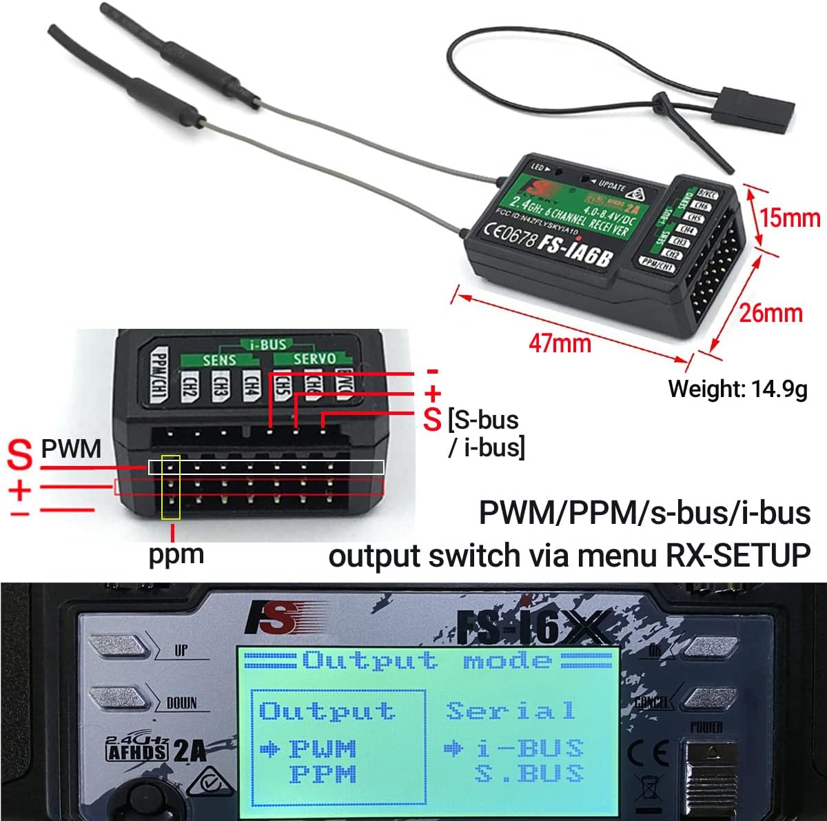 DTXMX FS-i6X 6CH RC Transmitter and Receiver FS-iA6B 2.4GHz Radio Controller for RC Quadcopter FPV Racing Drone, Compatible Flysky AFHDS2A RX