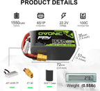 OVONIC 6S Lipo Battery 100C 1550mAh 22.2V Lipo Battery with XT60 Connector for RC FPV Racing Drone Quadcopter