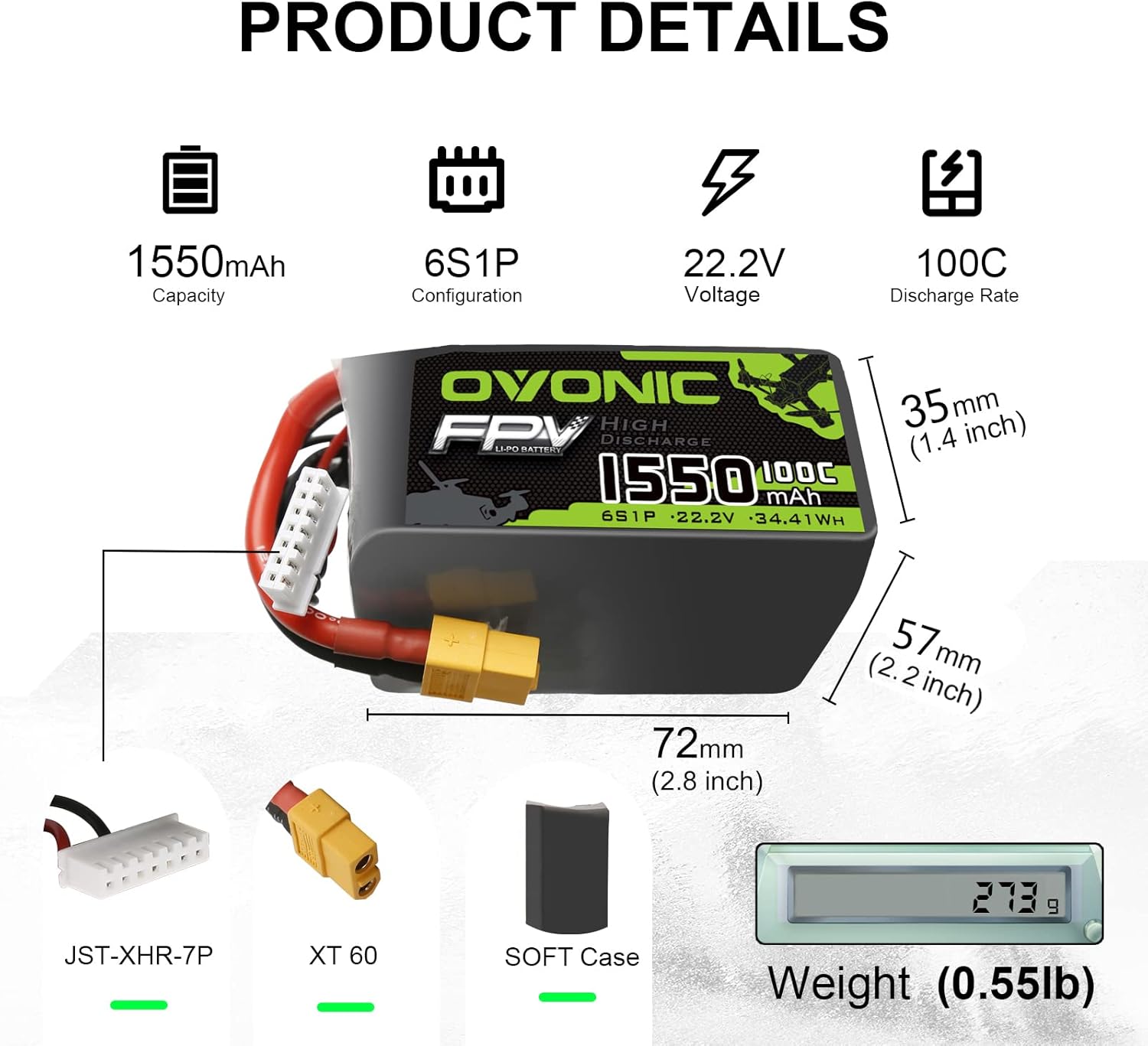 OVONIC 6S Lipo Battery 100C 1550mAh 22.2V Lipo Battery with XT60 Connector for RC FPV Racing Drone Quadcopter