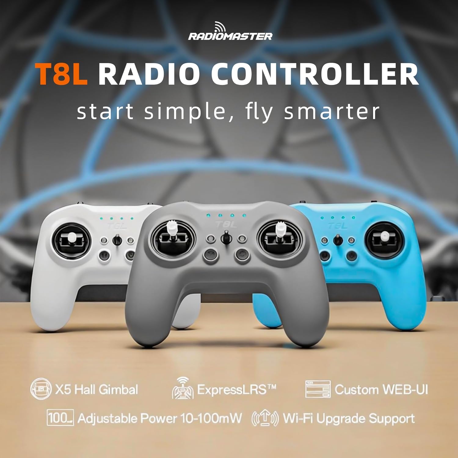Radiomaster T8L ELRS 2.4GHz Radio Transmitter, 204g Lightweight Screenless Remote Controller with Hall-Effect Gimbals, USB-C Charging & Simulator Compatibility for FPV Drones (Grey)