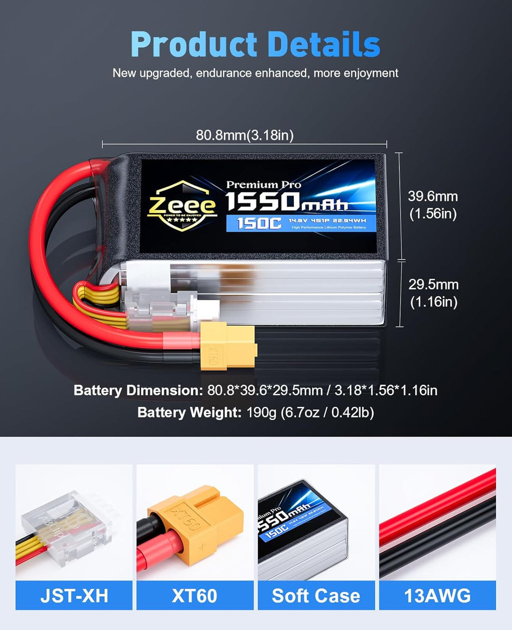 Zeee Premium Pro 1550mAh 4S Lipo Battery 14.8V 150C Ultra-Low IR Soft Pack RC Battery with XT60 Plug for FPV Drone Quadcopter Racing Helicopter Airplane RC Boat RC Car RC Models(2 Pack)