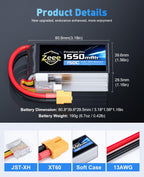 Zeee Premium Pro 1550mAh 4S Lipo Battery 14.8V 150C Ultra-Low IR Soft Pack RC Battery with XT60 Plug for FPV Drone Quadcopter Racing Helicopter Airplane RC Boat RC Car RC Models(2 Pack)