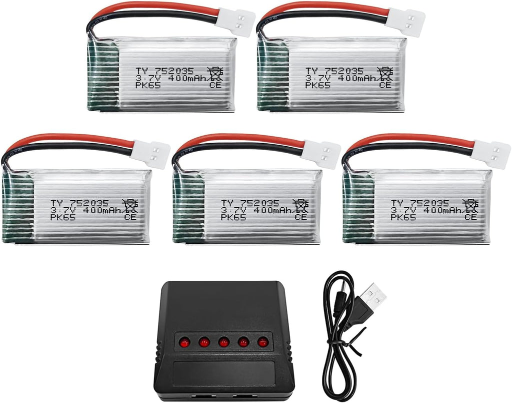 Fytoo 5PCS 3.7V 400mAh Lithium Battery with 5 in 1 Charger for SYMA Q11 H99W H31 H6C H98 AT-96 TR-C385 TR-P51 TR-F22 Quadcopter Spare Parts Aircraft Model Drone Battery (Black)