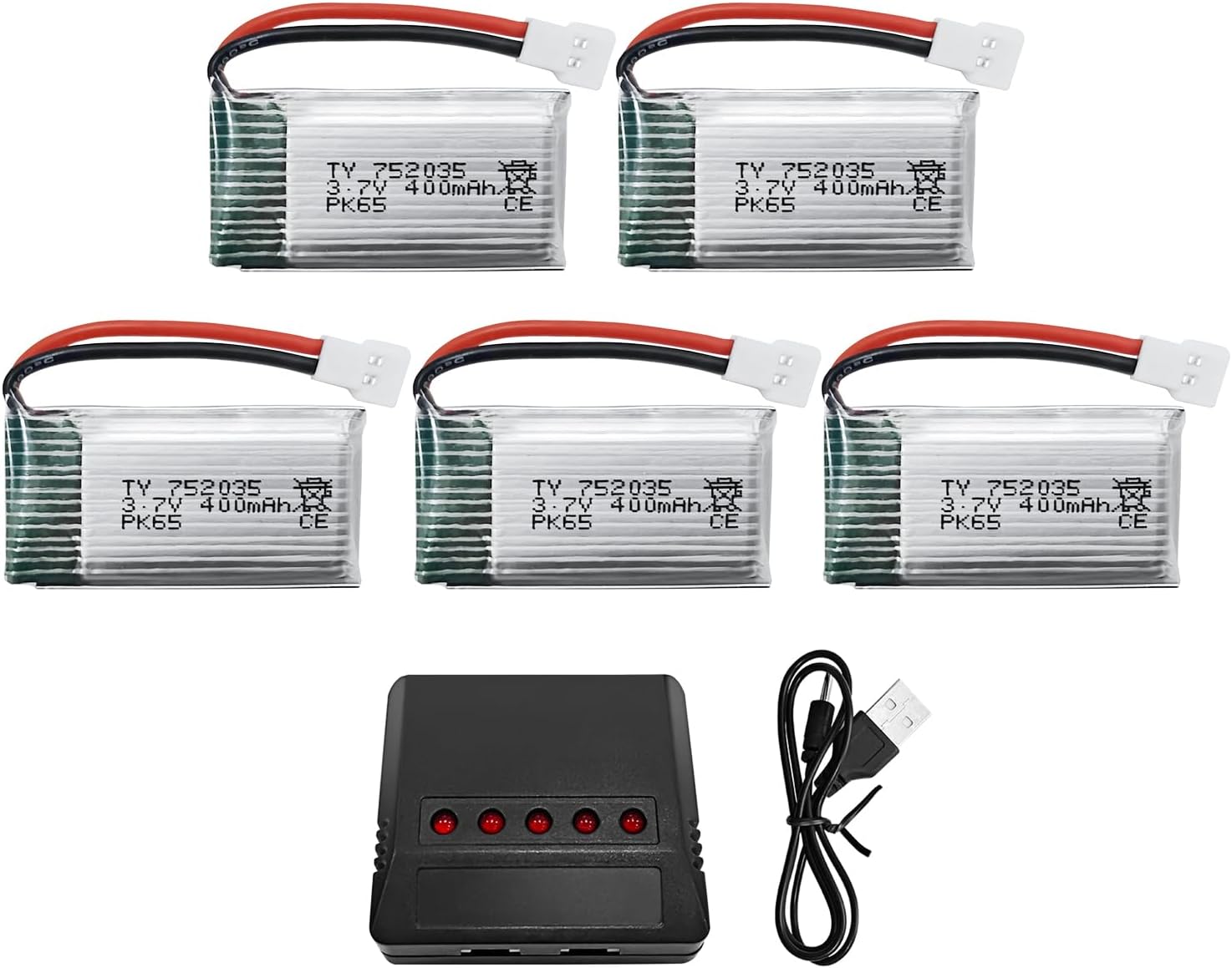 Fytoo 5PCS 3.7V 400mAh Lithium Battery with 5 in 1 Charger for SYMA Q11 H99W H31 H6C H98 AT-96 TR-C385 TR-P51 TR-F22 Quadcopter Spare Parts Aircraft Model Drone Battery (Black)