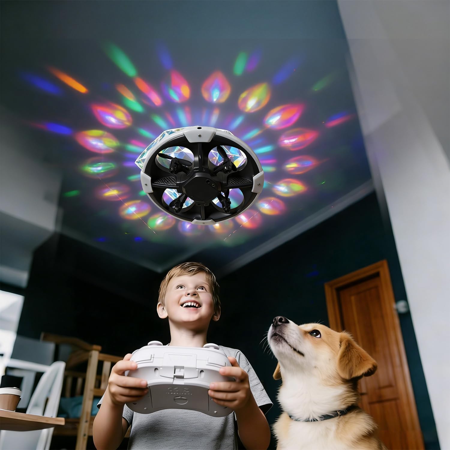Mini UFO Drone for Kids ¨C Safe RC Toy with 7 LED lighting modes, 360¡ã Flips, Light Projection onto Ceilings, Auto Hover, Hand Gesture, 2 Batteries(14 Min Flight), Ideal Fun Gift for Kids