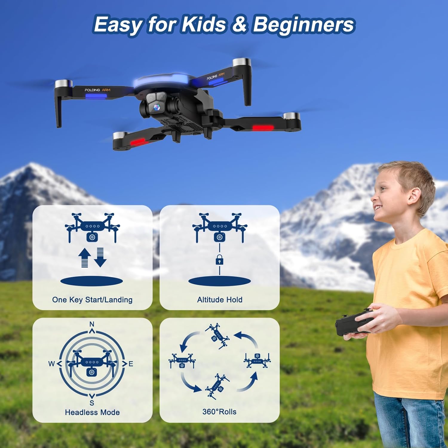 Drone with Camera for Kids, 1080P HD FPV Foldable Drones for Beginners, Brushless Motor Drone with Carrying Case, Long Flight Time, One Key Take Off/Land, Altitude Hold, 360¡ã Flip, Obstacle Avoidance