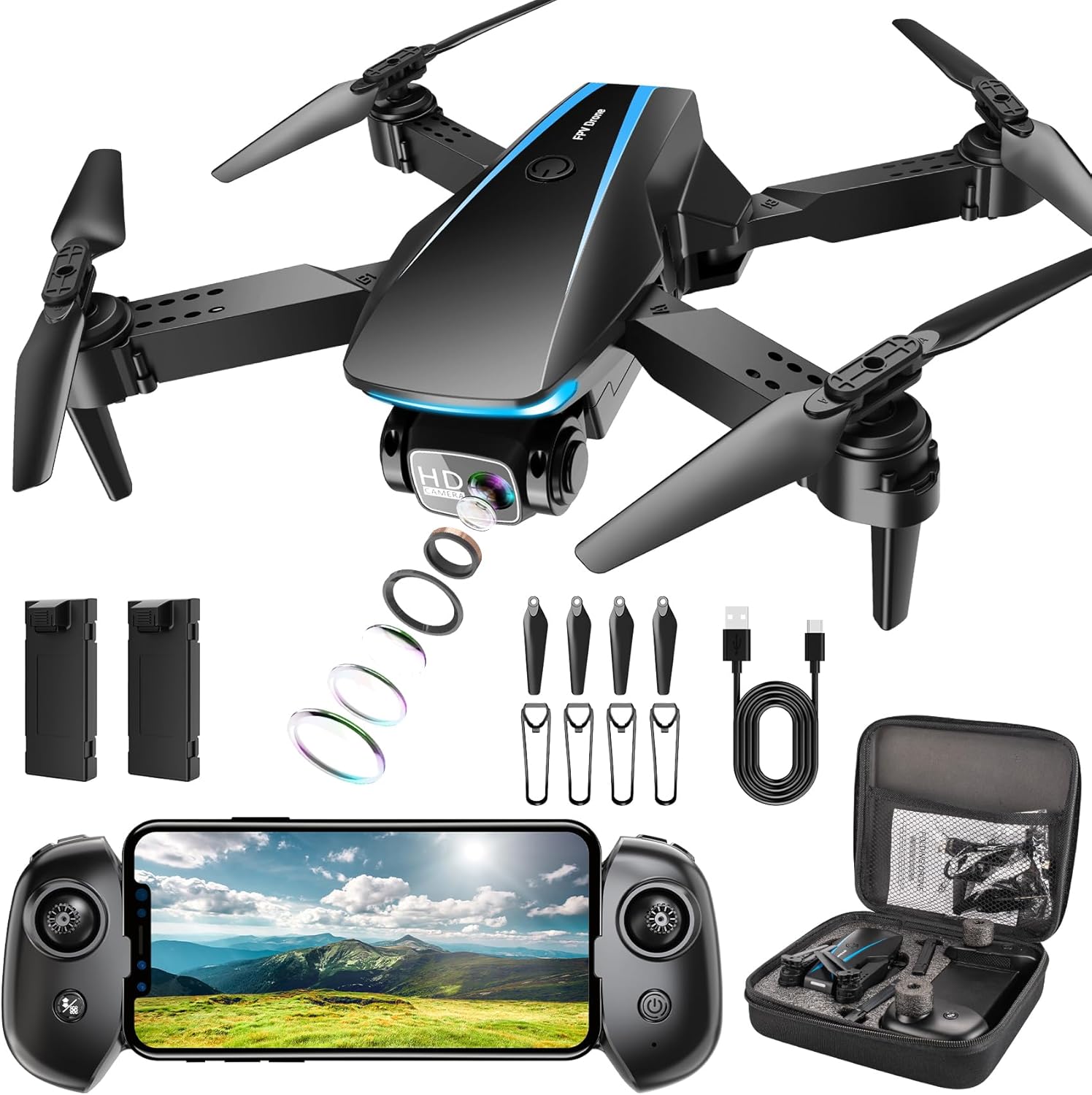 Oddire Drone with Camera - Drones for Adults, with 2 Batteries, Carrying Case, Propellers, 1080P HD Foldable Drone with Stable Hover, Trajectory Flight, Gravity Control, One Key Take Off/Land, 3D Flip
