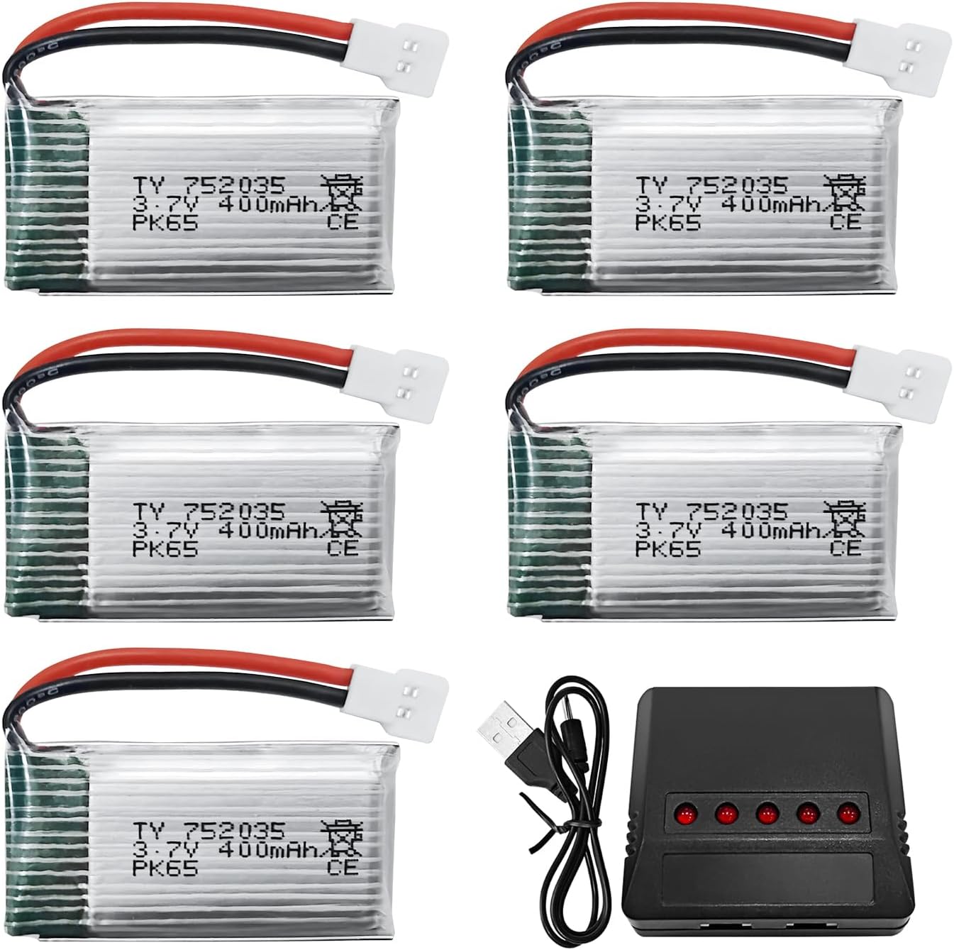 5PCS 3.7V 400mAh High Rate Lithium Battery with 5 in 1 Charger for Hubsan H107C H107L SYMA Q11 X11C HS170C F180C TOZO Q2020 E016H A120 XK A150 H31 TR-P51 TR-F22 AT-96 Four-Axis Aircraft¡­
