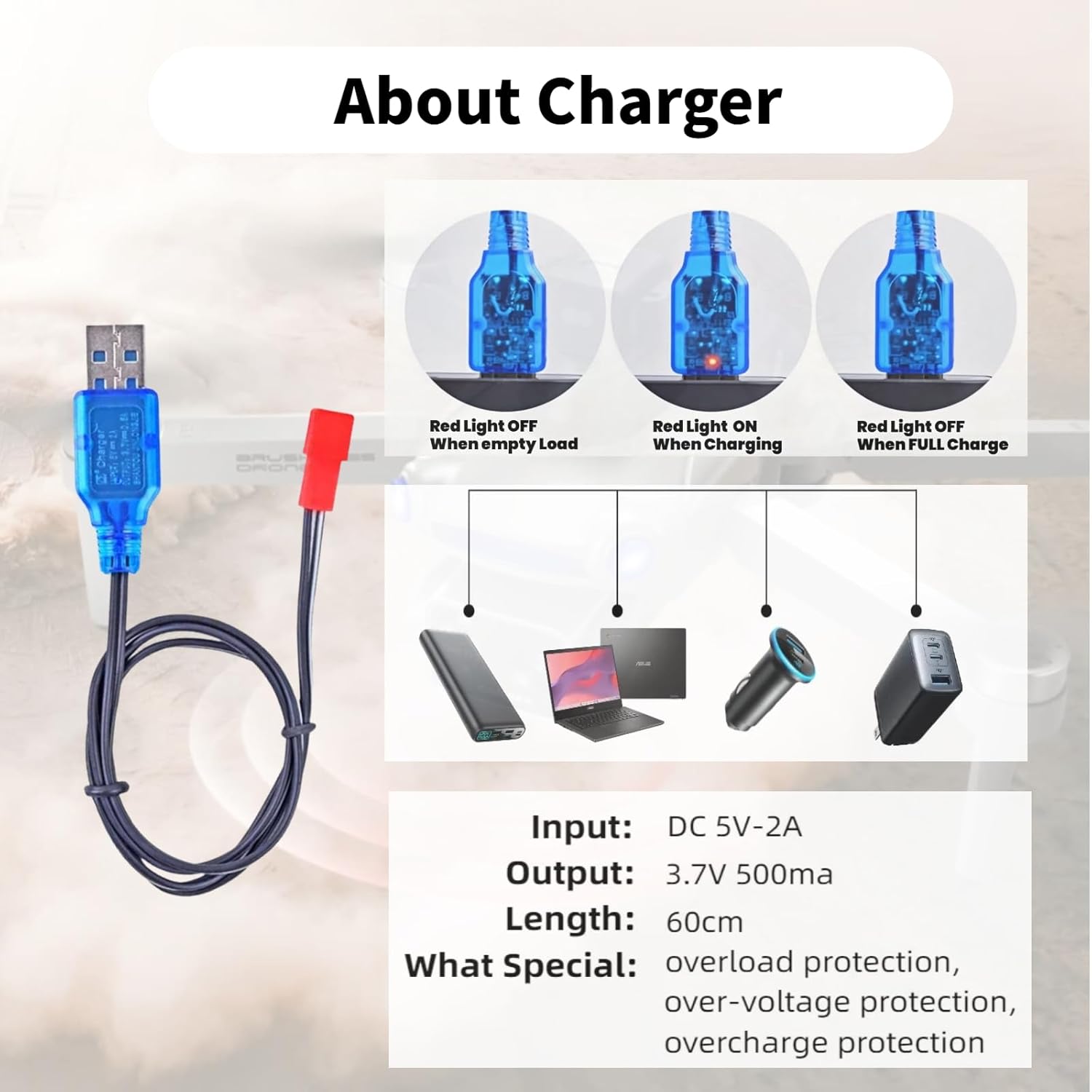 2 Pcs 3.7V 500mAh 25C 721855 JST Plug Rechargeable Lipo Battery with 1S USB Charger for UDI U818A U817A U817 U818A-1 V959 V222 V929 RC Quadcopter Drone