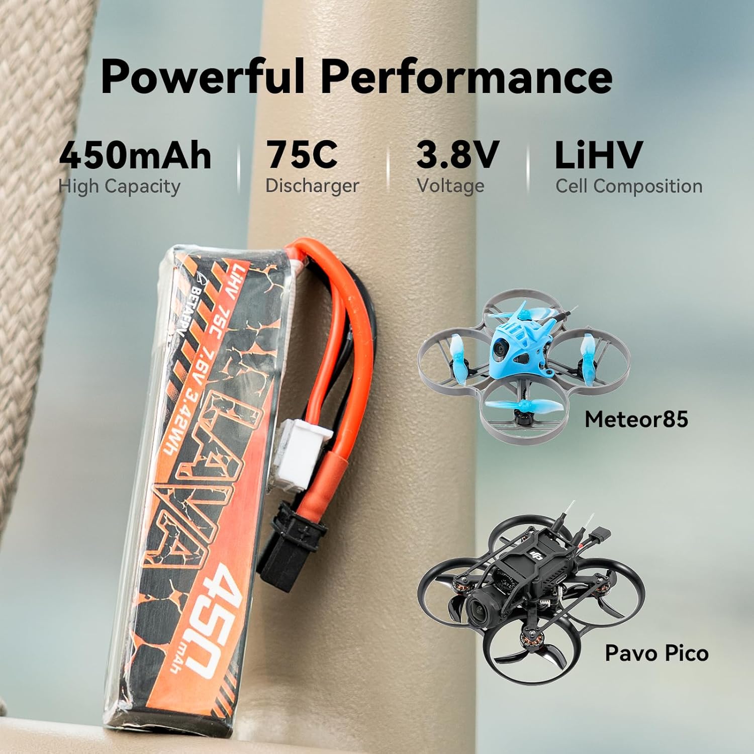 BETAFPV 2pcs Lava 450mAh 2S 7.6V LiHV 75C FPV Lipo Battery with XT30 Connector, Rechargable Lipo Battery, for 2S FPV Racing Whoop Drone Quadcopters Like Meteor85, Pavo Pico 2S Brushless Drones