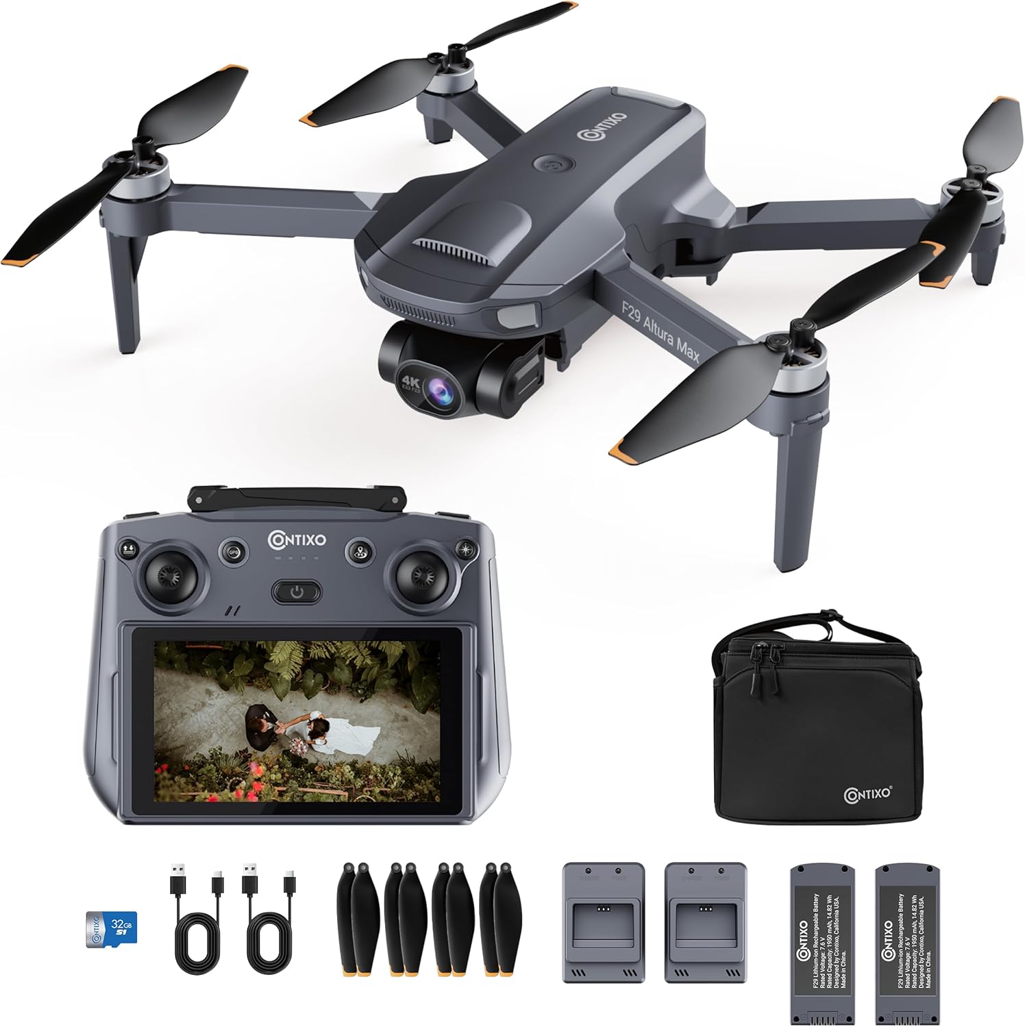 Contixo Foldable 4K Cinematic F29 Drone for Adults & Hobbyists, 3-Axis Gimbal, 5 Touchscreen Remote, GPS Return Home, Follow Me, Orbit Mode, Brushless Motor, 46 Min Flight Time (2 Batteries), 3KM Range