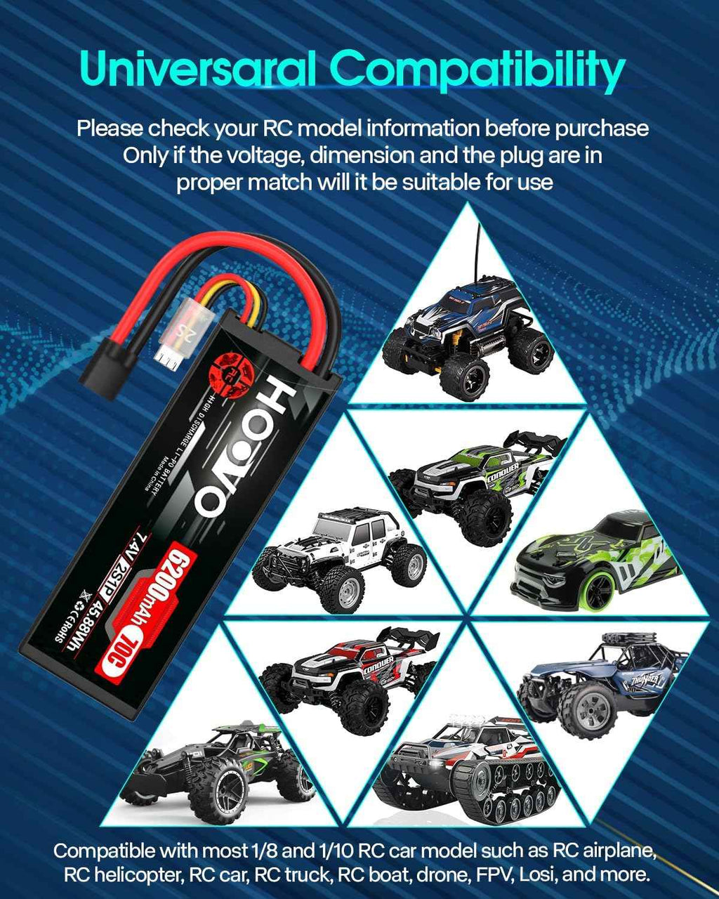 HOOVO 7.4V 70C 6200mAh 2S Lipo Battery Hard Case with Tracxas Plug for RC Car RC Helicopter RC Truck RC Truggy Airplane Quadcopter UAV Drone FPV (2 Packs