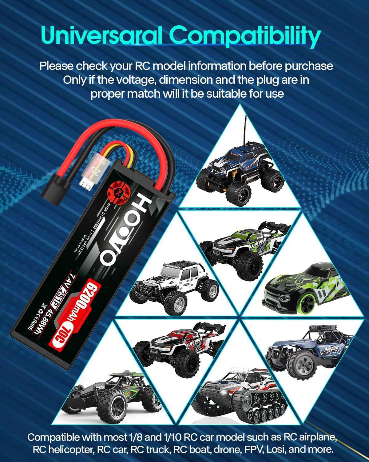 HOOVO 7.4V 70C 6200mAh 2S Lipo Battery Hard Case with Tracxas Plug for RC Car RC Helicopter RC Truck RC Truggy Airplane Quadcopter UAV Drone FPV (2 Packs