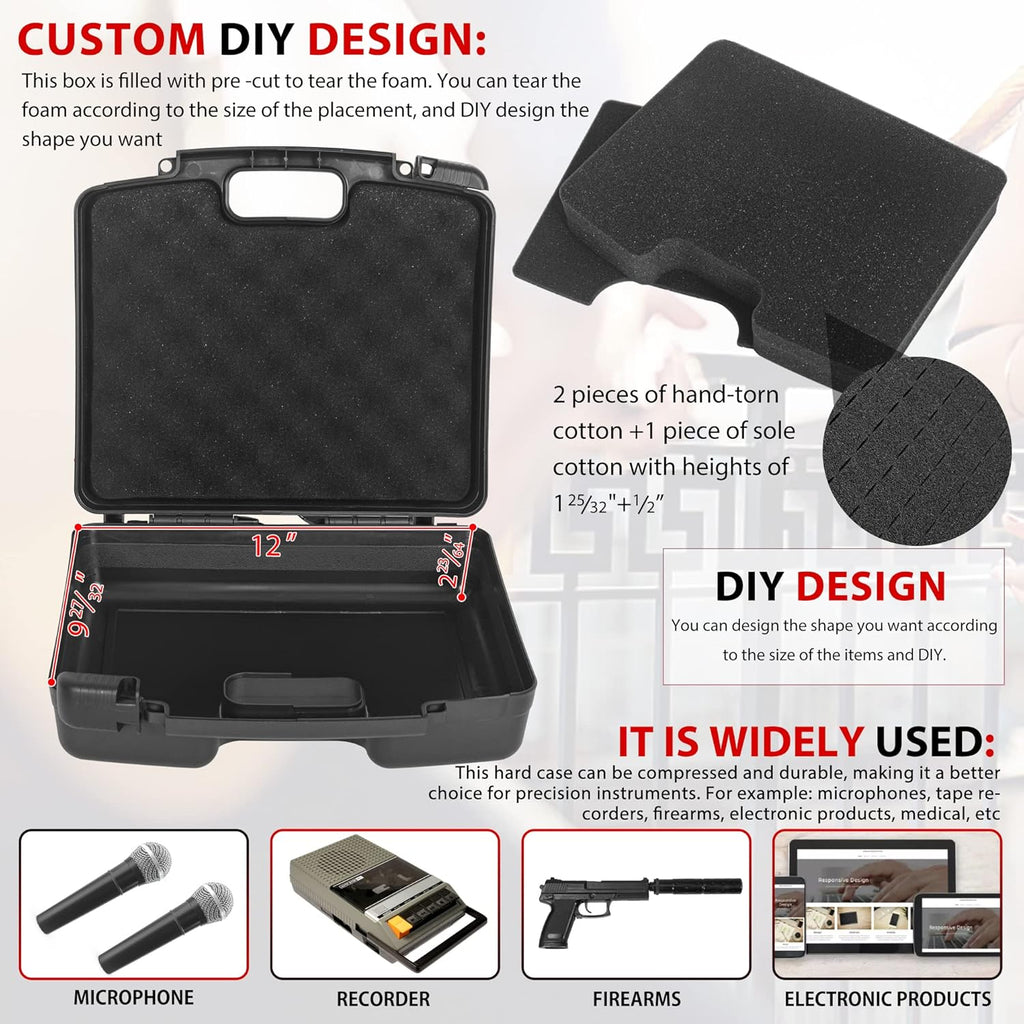 Portable Hard Case 12.2 x 9.85 x 3.77 with Customizable Diced Foam,Protects for Equipments, Electronics, Tools, Microphones, Recorder and More