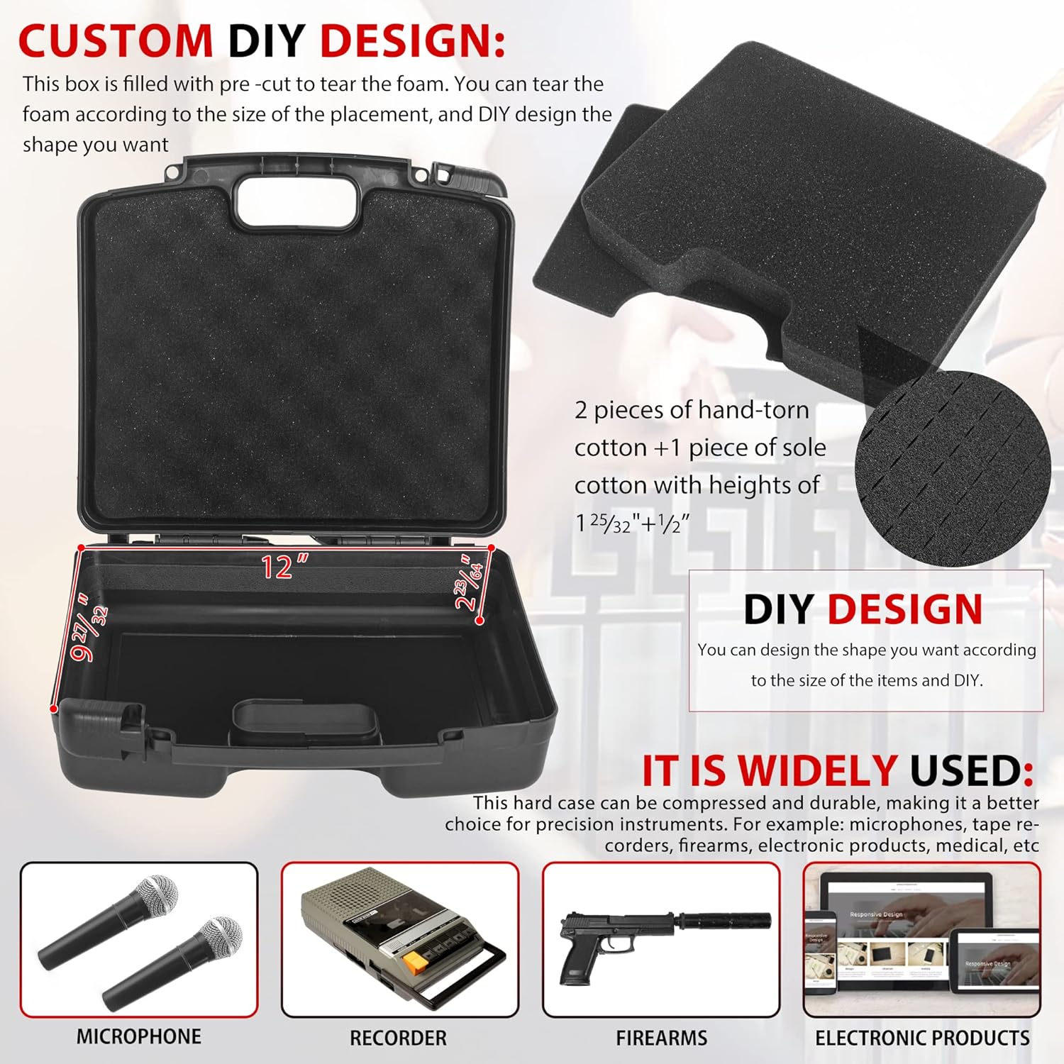 Portable Hard Case 12.2 x 9.85 x 3.77 with Customizable Diced Foam,Protects for Equipments, Electronics, Tools, Microphones, Recorder and More