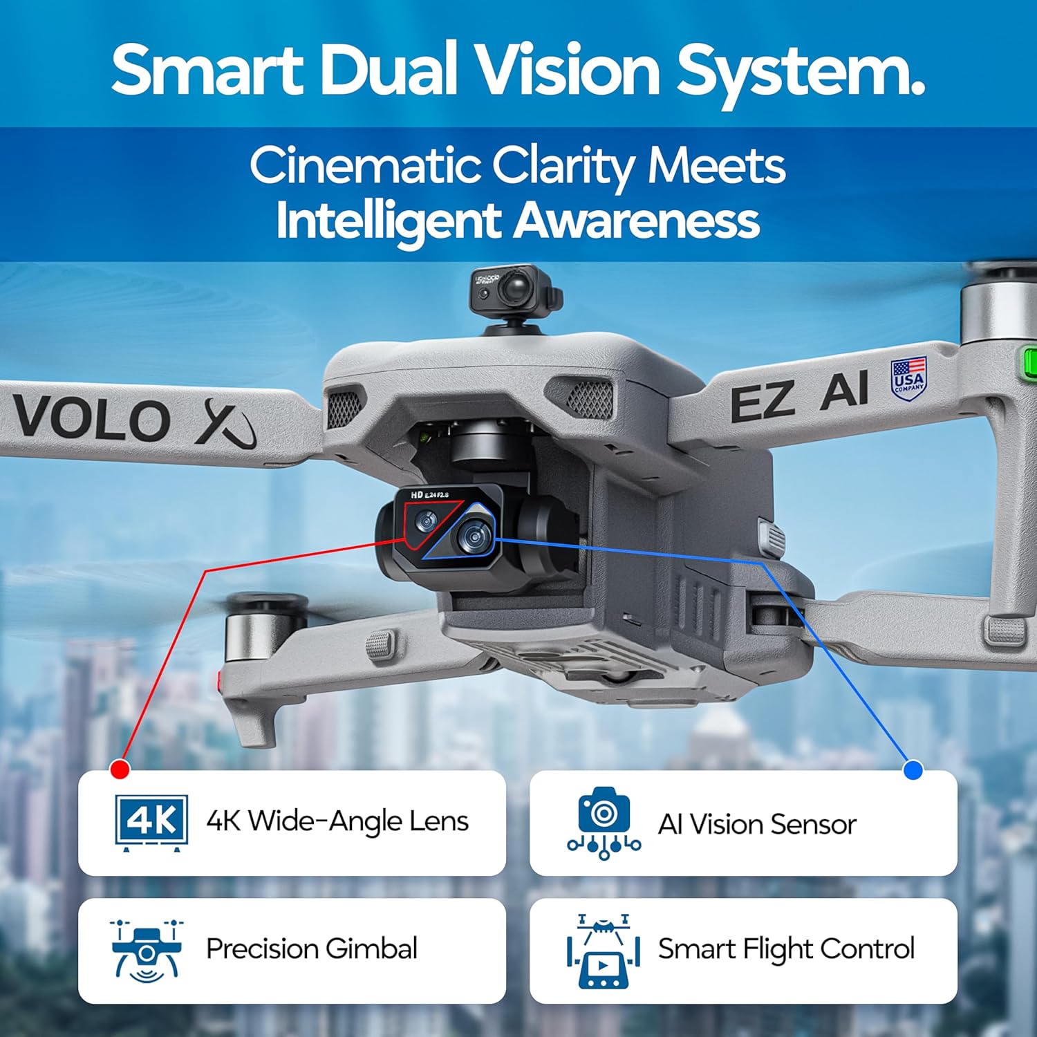 DCX Volo X EZ AI Drones ¨C Drones with Camera for Adults 4k AI-Assisted Flight Control ¨C FAA Approved Drone 4k Camera, 360¡ã Obstacle Avoidance, U.S. Support ¨C Beginner Drone for Adults