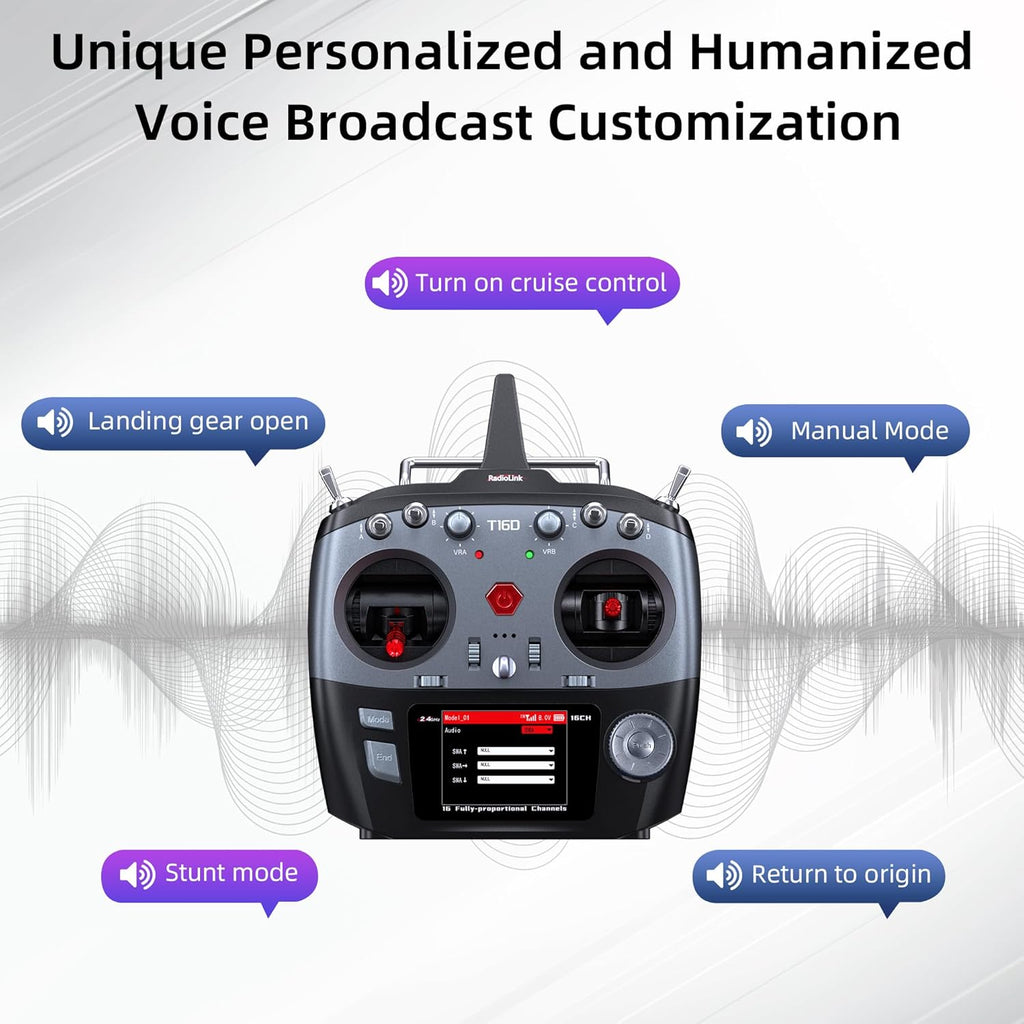 Radiolink T16D 16 Channels RC Transmitter and R16F Telemetry Receiver, Multi-Protocol and Voice Broadcast Support, RC Radio Remote for Drone, Airplane, Car, Boat and More (Mode 2 Left Throttle)