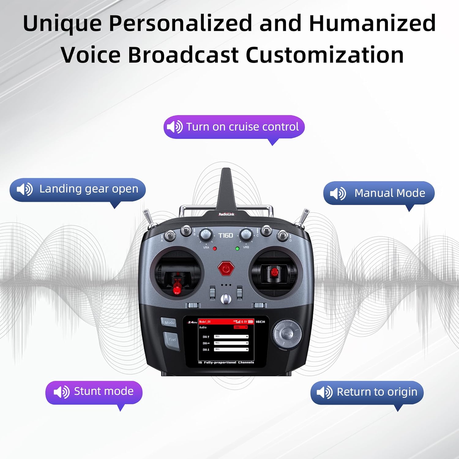 Radiolink T16D 16 Channels RC Transmitter and R16F Telemetry Receiver, Multi-Protocol and Voice Broadcast Support, RC Radio Remote for Drone, Airplane, Car, Boat and More (Mode 2 Left Throttle)