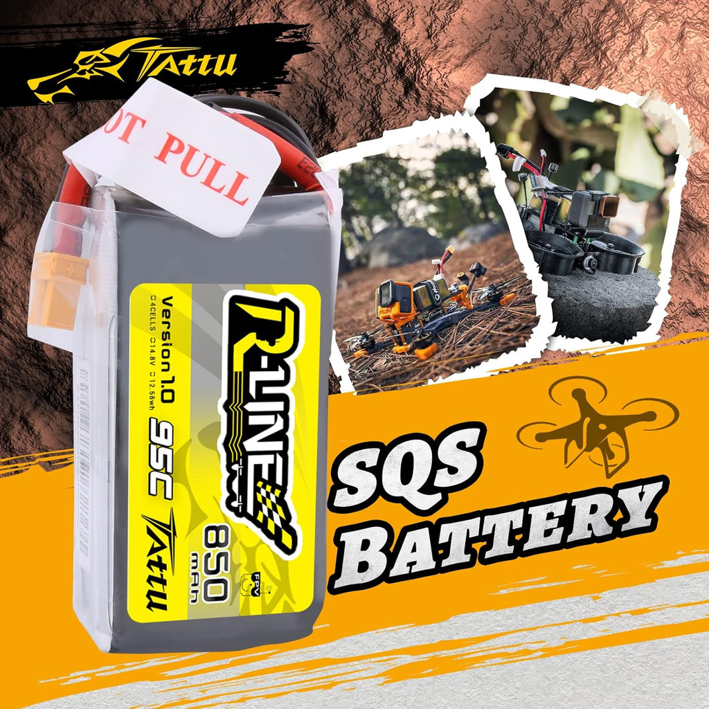 TATTU R-Line 850mAh 14.8V 95C 4S LiPo Battery Pack with XT60 Plug for Multirotor FPV from Size 100 to 180