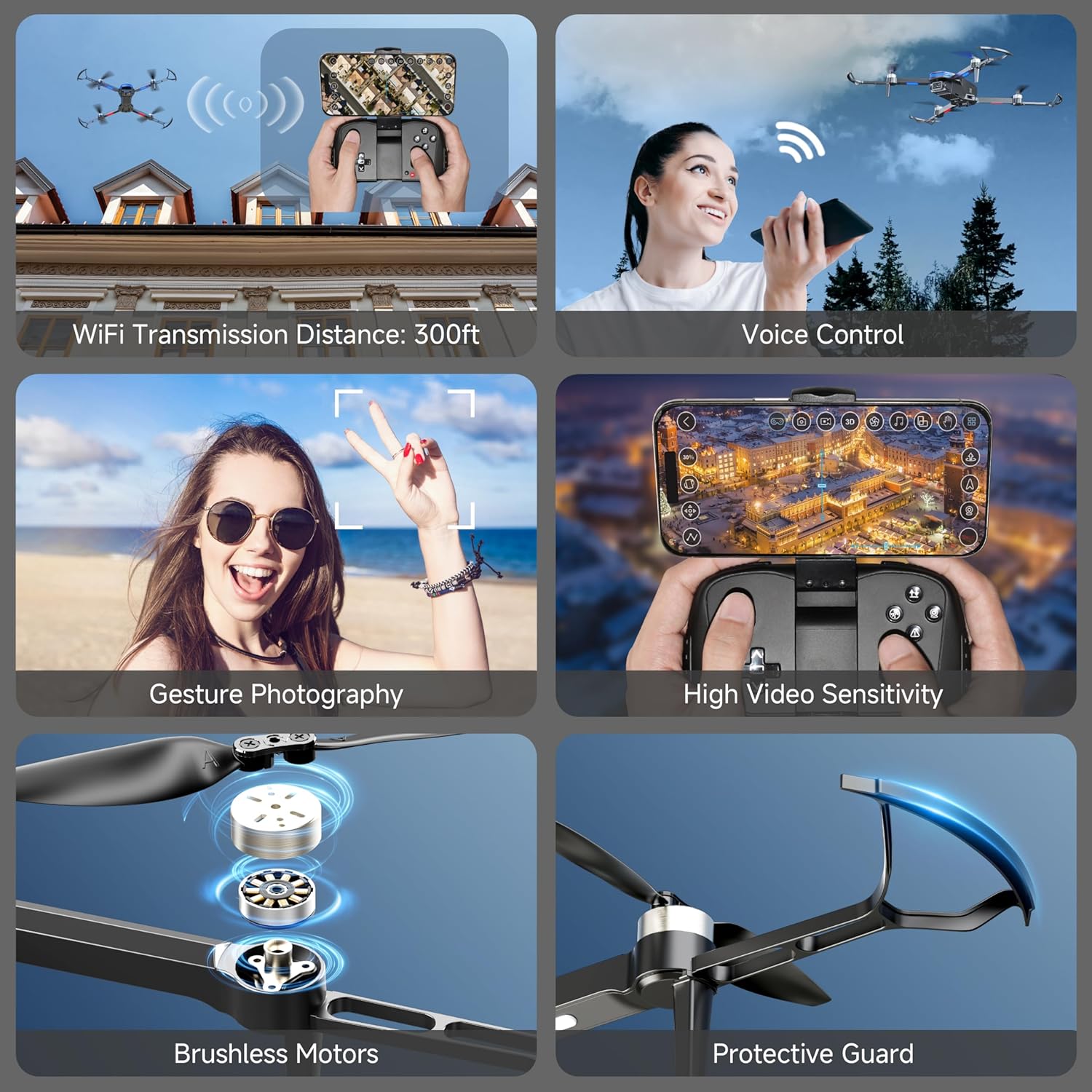 Drones with Camera for Adults 4K Brushless Motor Drone for Kids Beginners, FPV Foldable RC Quadcopter with Propeller Guards, 2 Batteries, 1500mAh, 130¡ã Lens, WiFi, Voice Control, Gesture Photography, Gift Toys for Men Boys