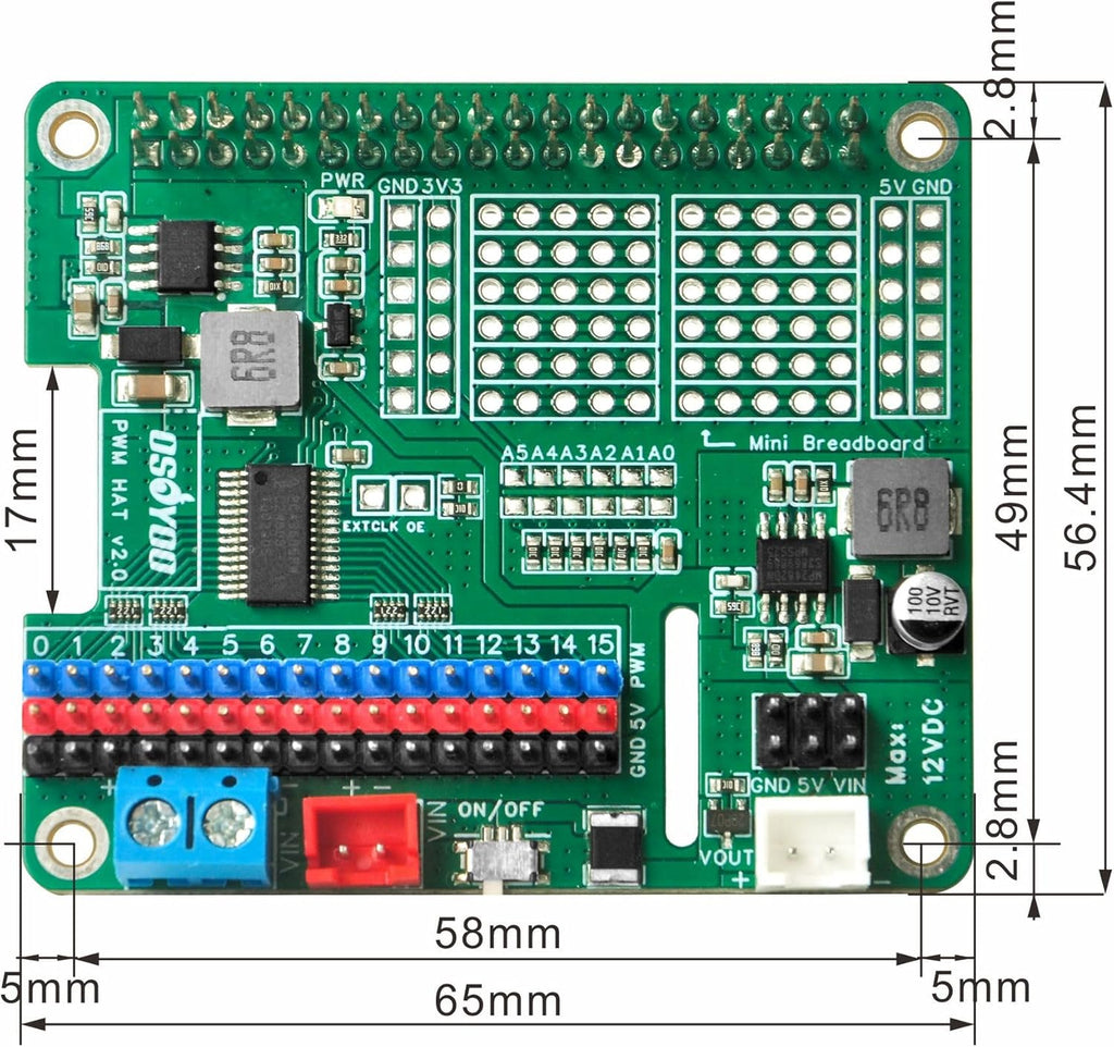 Servo & Motor Control HAT - Battery Adapter, 16-Channel PWM for Raspberry Pi Robot Cars, Drones