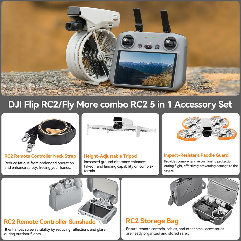 DJI Flip Accessories Bundle 5-in-1 for RC 2 Screen Controller, Portable Carrying Case for 3 Batteries, Propeller Guards, Landing Gear, Sunshade & Strap, Compatible Flip (RC 2/Combo)