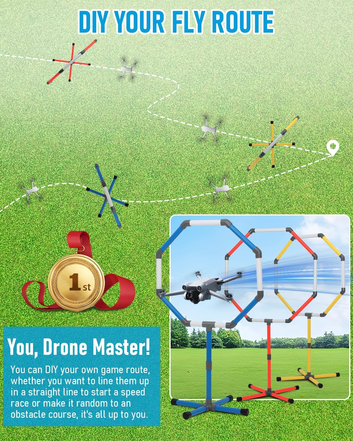 Drone Obstacle Course Kit, Includes 3 Different Hoop Sizes, Professional RC FPV Racing Training Set for Kids & Adults, Portable Game Loop Gate System with Separate Storage Bag