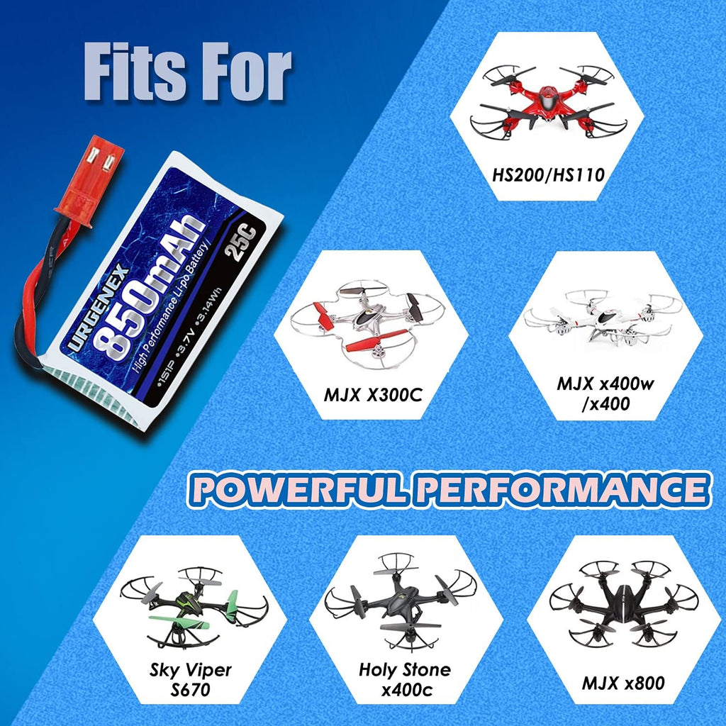URGENEX 3.7V Lipo 850mah Rechargeable Lipo with JST Plug X5 Charger for MJX Syma Holy Stone Sky Viper RC Quadcopter Drone X56W X400 X400W X300C X400C X800 HS110 HS200 S670 V950hd S1750 V2450