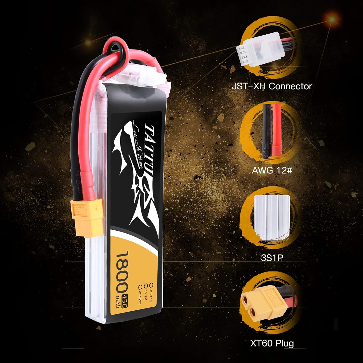 TATTU 11.1V 1800mAh 3S 45C LiPo Battery Pack with XT60 Plug for Skylark M4-FPV250 Mini Shredder 200 INDY250 Plus MOJO 280 QAV250 Vortex Emax Nighthawk 250 RC Heli Airplane UAV Drone FPV