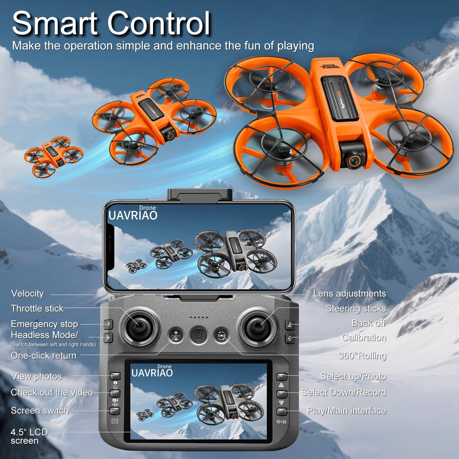 UAVRIAO Drone with 4.5 HD Screen Remote, 2K Dual Camera Quadcopter, Brushless Motors, 360¡ã protective cover£¬ Auto Hover, 30 Min Flight (2 Battery), WiFi FPV, Follow Me, 3D Flip, Headless Mode - Great Gift for Adults,