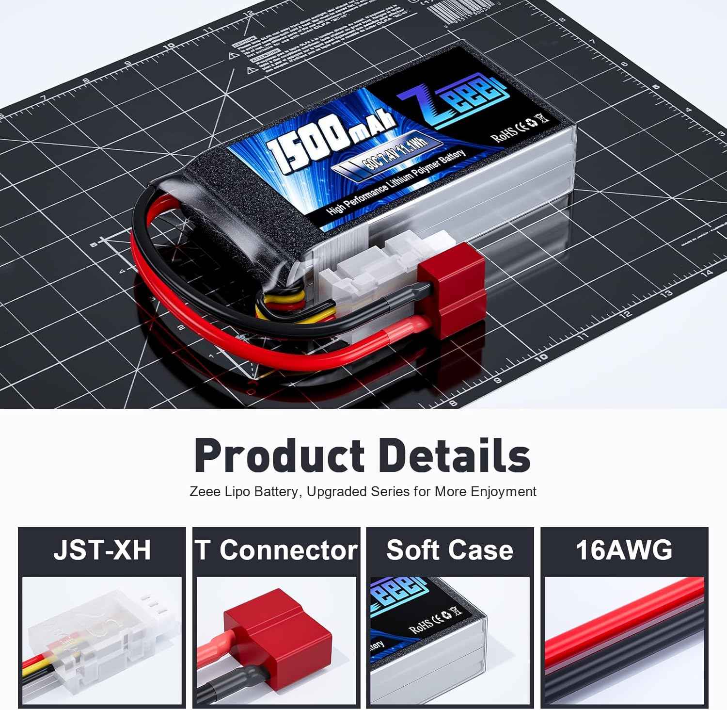 Zeee 2S 1500mAh Lipo Battery 7.4V 60C Soft Pack RC Battery with T Plug for FPV Drone Quadcopter Helicopter Airplane RC Boat RC Car RC Models(2 Pack)