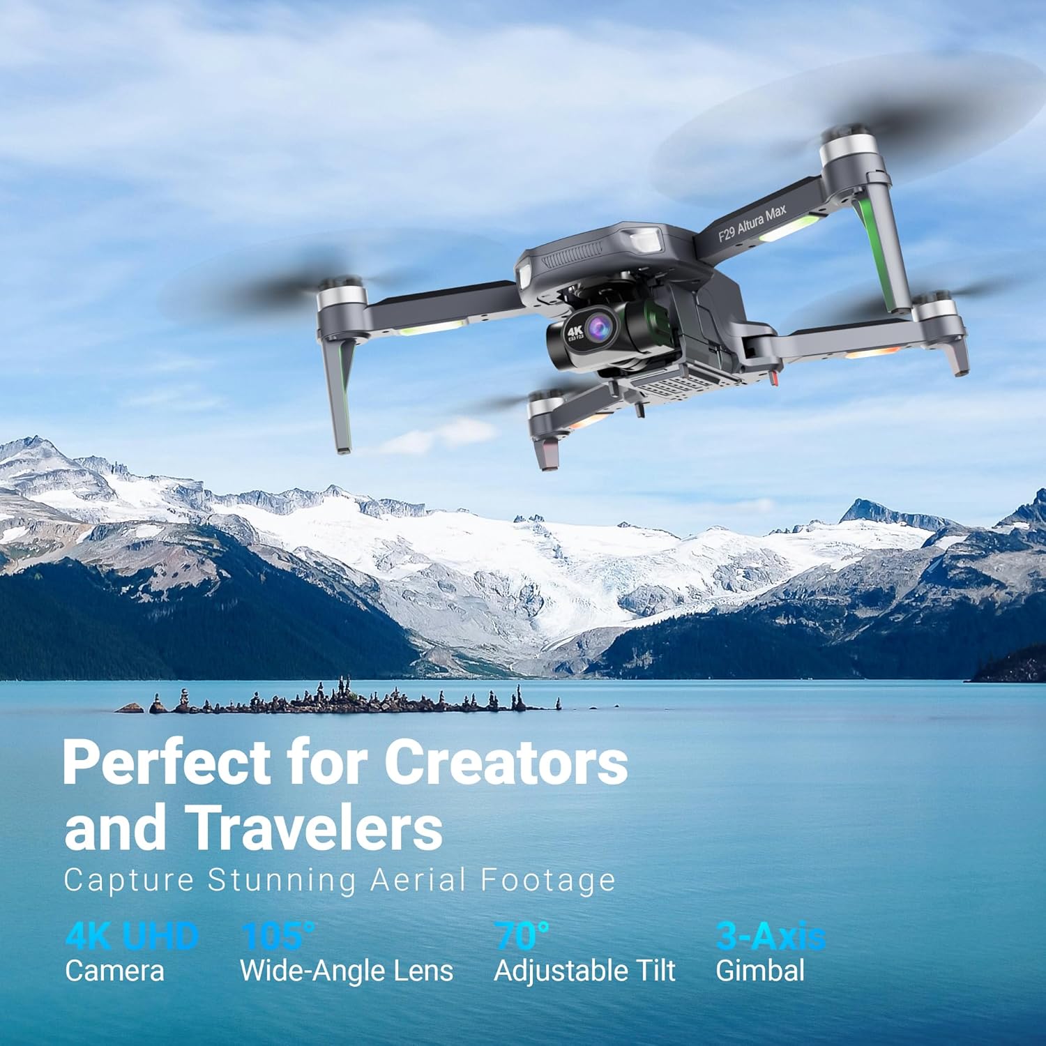 Contixo Foldable 4K Cinematic F29 Drone for Adults & Hobbyists, 3-Axis Gimbal, 5 Touchscreen Remote, GPS Return Home, Follow Me, Orbit Mode, Brushless Motor, 46 Min Flight Time (2 Batteries), 3KM Range