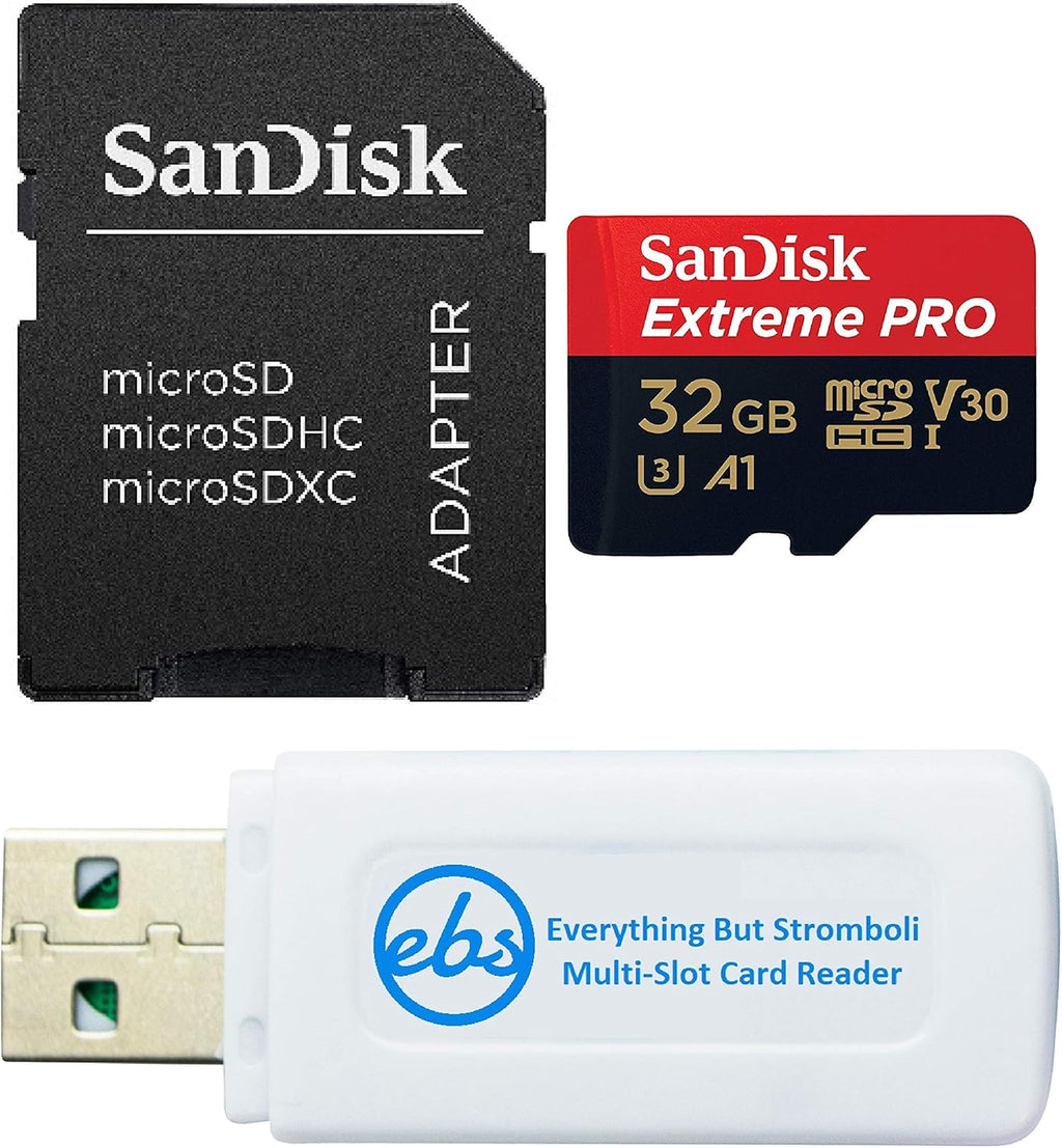 SanDisk Extreme Pro U3 V30 A1 32GB microSDHC Memory Card for DJI Drones Works with Avata and Goggles 2 (SDSQXCG-032G-GN6MA) Class 10 Bundle with 1 Everything But Stromboli MicroSDHC & SD Card Reader