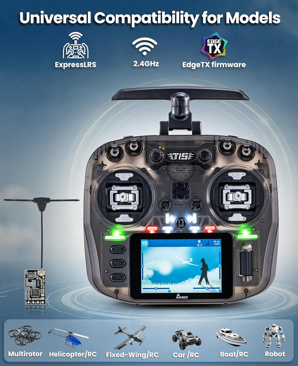 Jumper T15 2.4GHz ELRS Radio Transmitter with Nano Receiver,VS-M Hall Gimbal EdgeTX IPS Color Touchscreen Controller for FPV Drone/Fixed-Wing/Helicopter/Multirotor/RC Car Boat,Mode 2 (Charcoal)