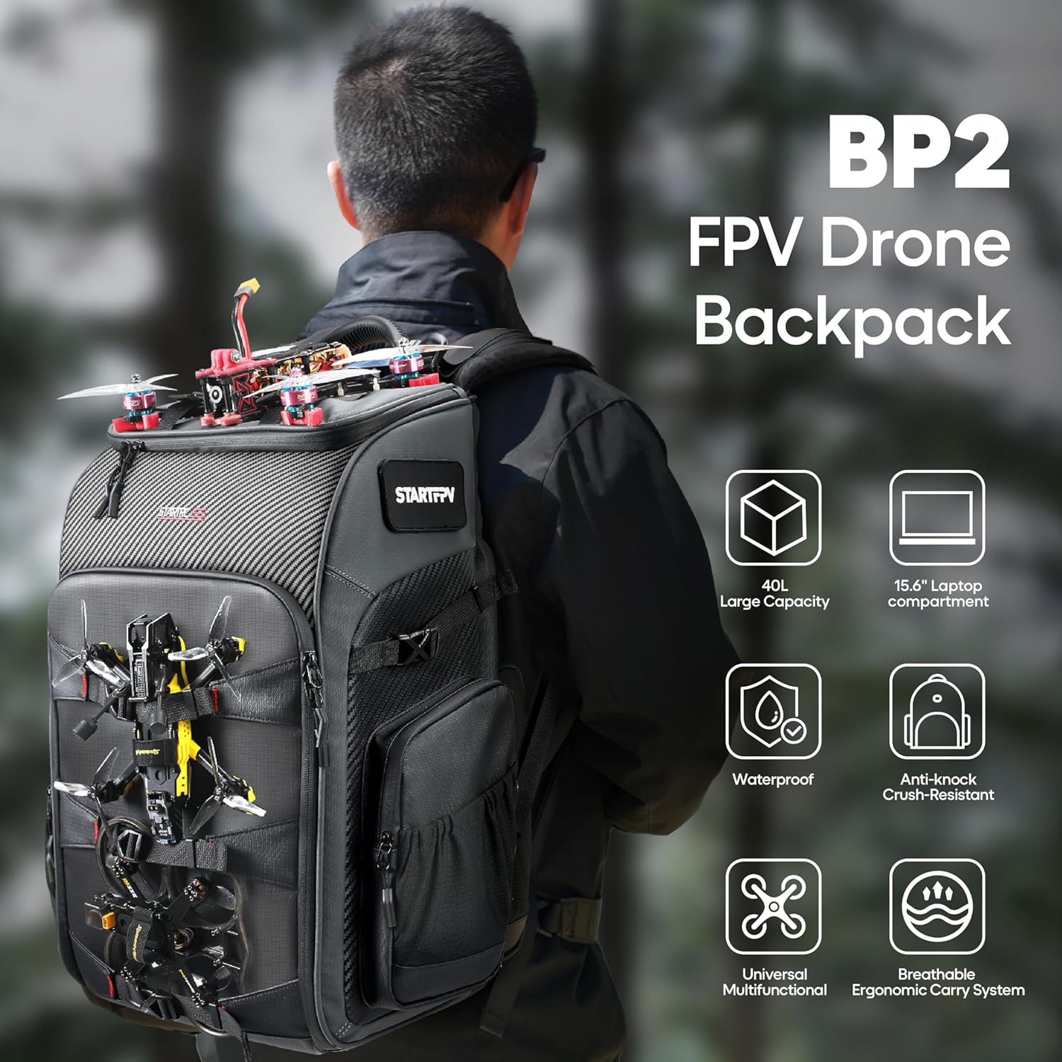 FPV Drone Backpack -40L Ultimate All-in-One Professional Travel Camera Case for FPV Racing Quadcopter/DJI Drone/Tripod/15.6 Laptop Combo with Waterproof Rain Cover & 2 Battery Tool Kit Bags