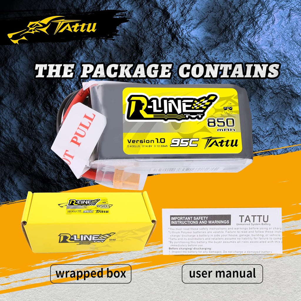 TATTU R-Line 850mAh 14.8V 95C 4S LiPo Battery Pack with XT60 Plug for Multirotor FPV from Size 100 to 180