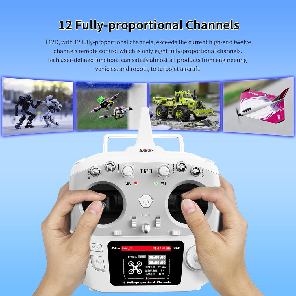 Radiolink T12D 12CH 2.4G RC Transmitter R12F Receiver, Supports ELRS/Crossfire Long Range Modules, 50 Models Storage, 4km Long Range RC Remote Controller for RC Airplane, Drone, Crawler, Car, Boats