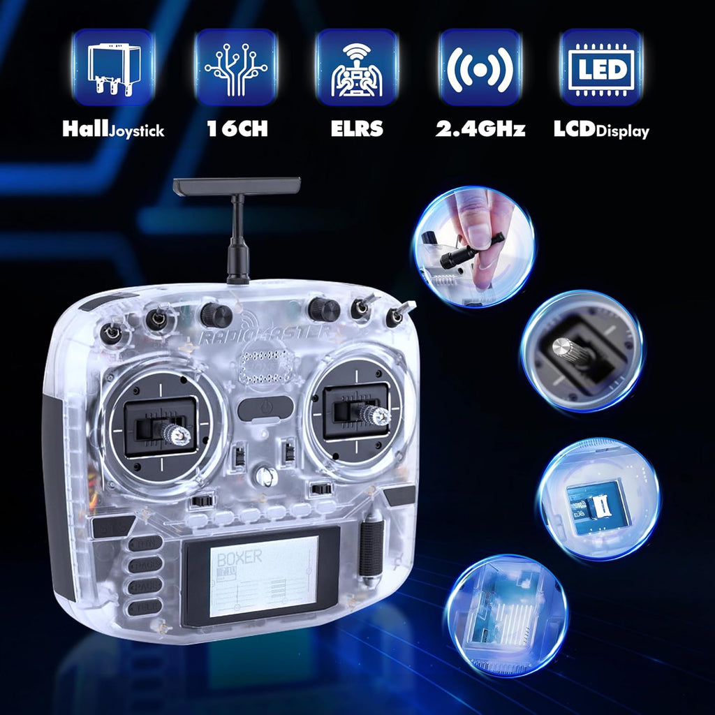 Radiomaster Boxer ELRS 2.4GHz 16CH Hall Gimbals Radio Controller with Carrying Case for Fixed-Wing Aircraft/RC Helicopters/FPV Drones/RC cars/Boats, Mode 2 (Transparent White)