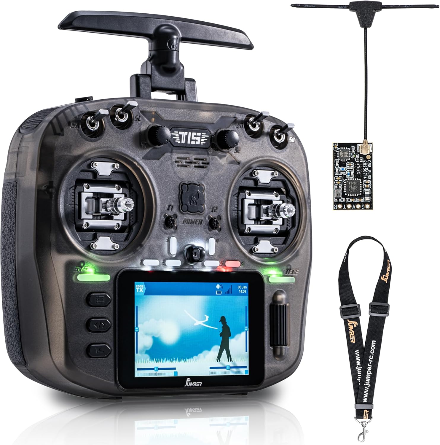 Jumper T15 2.4GHz ELRS Radio Transmitter with Nano Receiver,VS-M Hall Gimbal EdgeTX IPS Color Touchscreen Controller for FPV Drone/Fixed-Wing/Helicopter/Multirotor/RC Car Boat,Mode 2 (Charcoal)