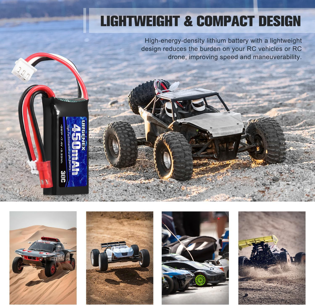 URGENEX 7.4V Lipo 2S 30C 450mAh Rechargeable Lipo with JST & PH2.0 Plug SCX24 with 1to2 USB Charger Fit for Most 1/10, 1/16, 1/18, 1/24 Scale RC Car Truck and RC Drone Airplane