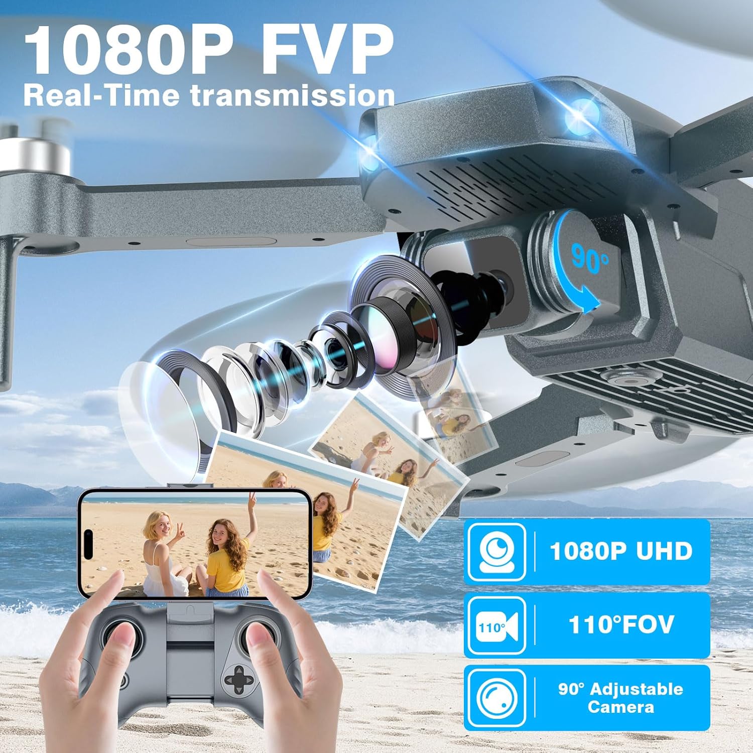 FPV Drone with Camera 1080P HD - Foldable RC Quadcopter for Adults Beginners Kids, Voice Control, Gesture Selfie, Headless Mode, 2 Batteries 30 Min Long Flight Time, Portable Travel Case, Beginner Friendly Drone