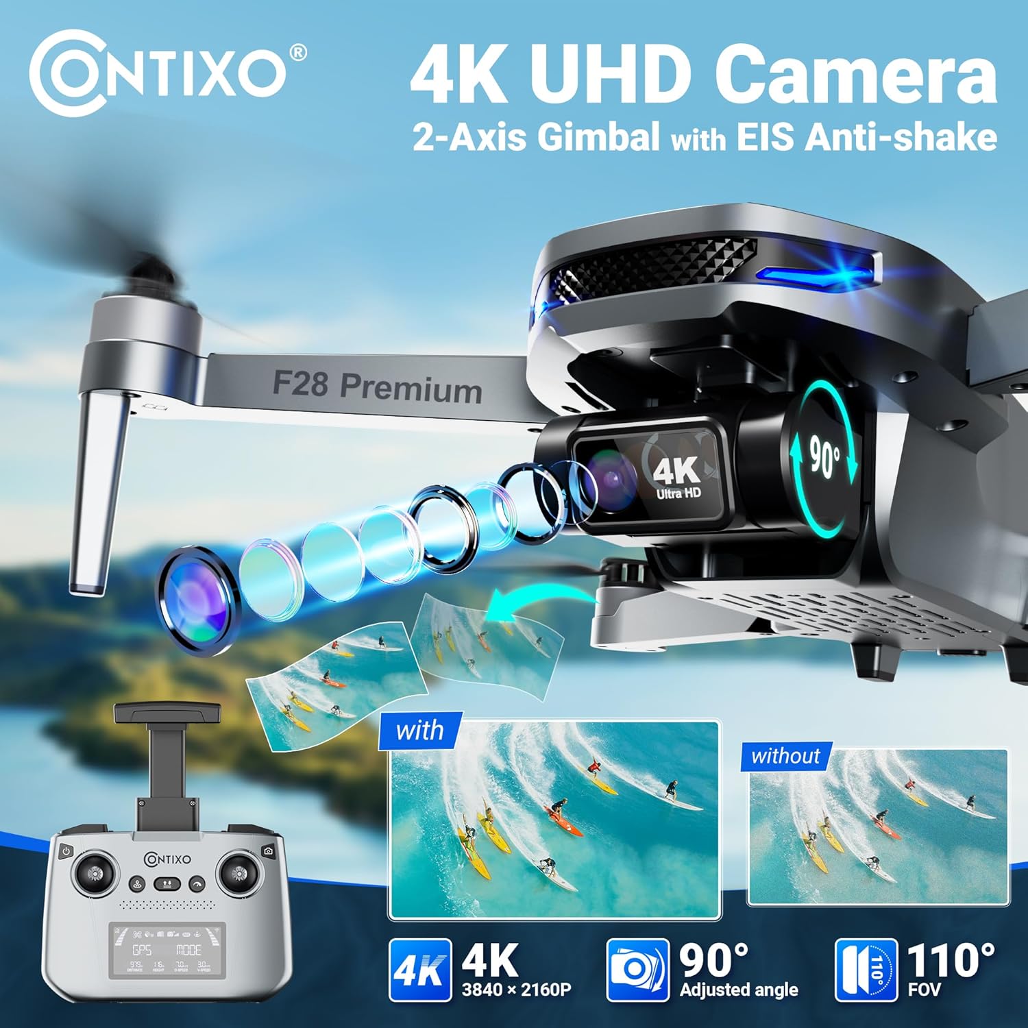 Contixo F28 Premium Two-Axis Gimbal Drone for Adults, 4K Zoom Camera, Brushless Motor, 23 Min Flight, Accurate GPS, Auto Return, Follow Me, 110¡ã Wide-Angle FPV, Portable Foldable Drone for Beginners