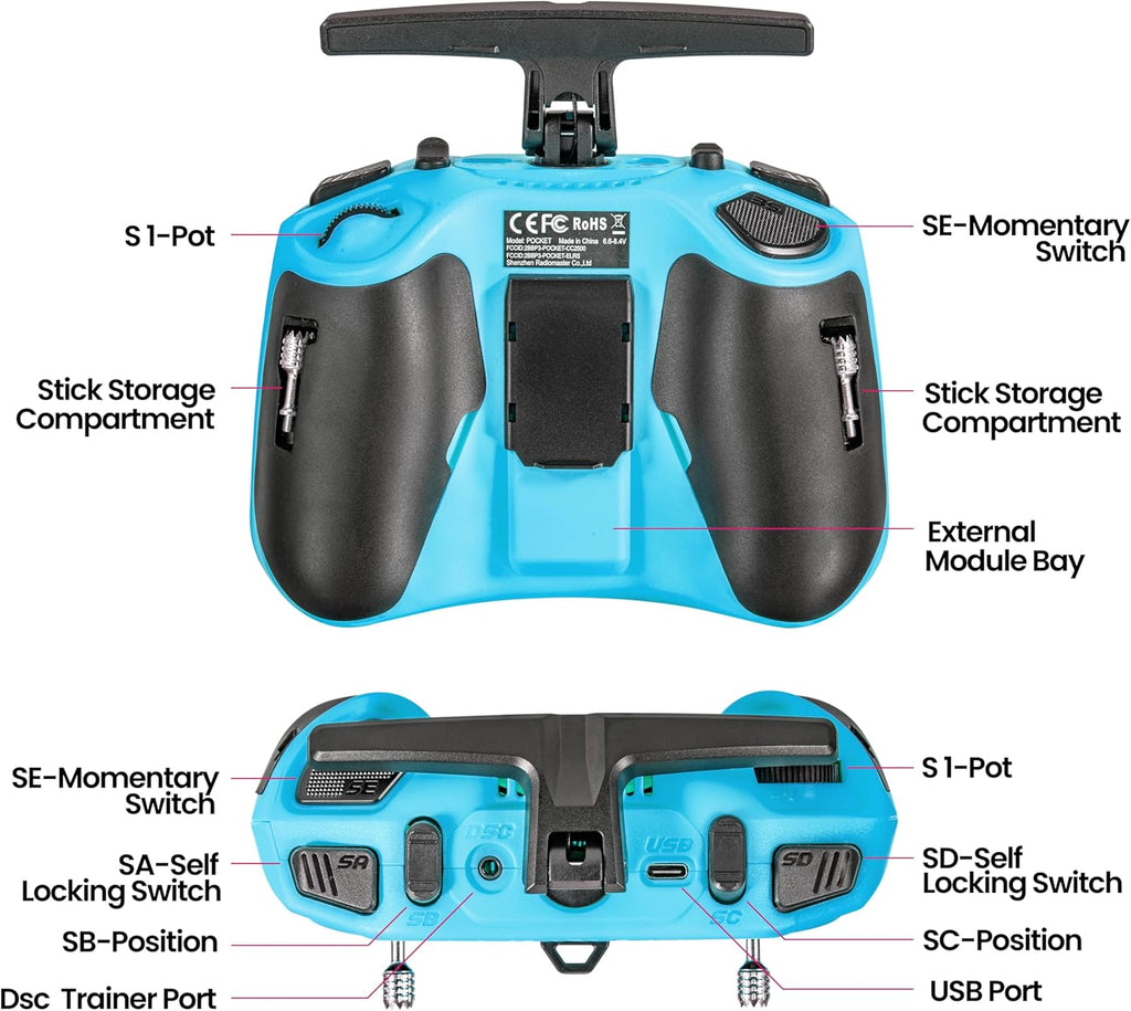 Radiomaster Pocket ELRS Remote Controller Portable Hall Gimbal EdgeTX 2.10.5 Transmitter with LED Light for FPV Drone/RC Helicopter&Car Boats&Multirotor (Battery Not Included)
