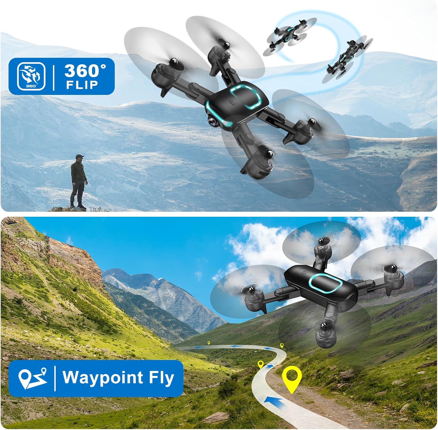 Drone with 1080P Camera, Foldable Drone for Beginners with Light, Upgrade Altitude Hold, Gesture Selfie, Waypoint Fly, 3D Flip, 3 Speed Mode, Circle Fly, One Key Start