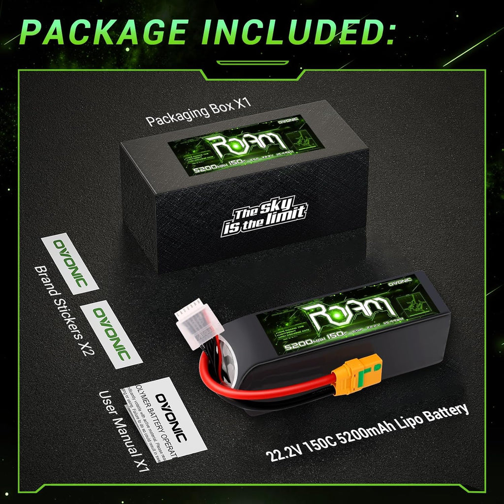 OVONIC Roam Series 6S Lipo Battery 5200mAh 6S1P 150C 22.2V Long Range Lipo Battery with XT90-S Anti Spark Plug for 7-10 inch Long Range Drone 6S HD Cinelifter Multirotor X-Class