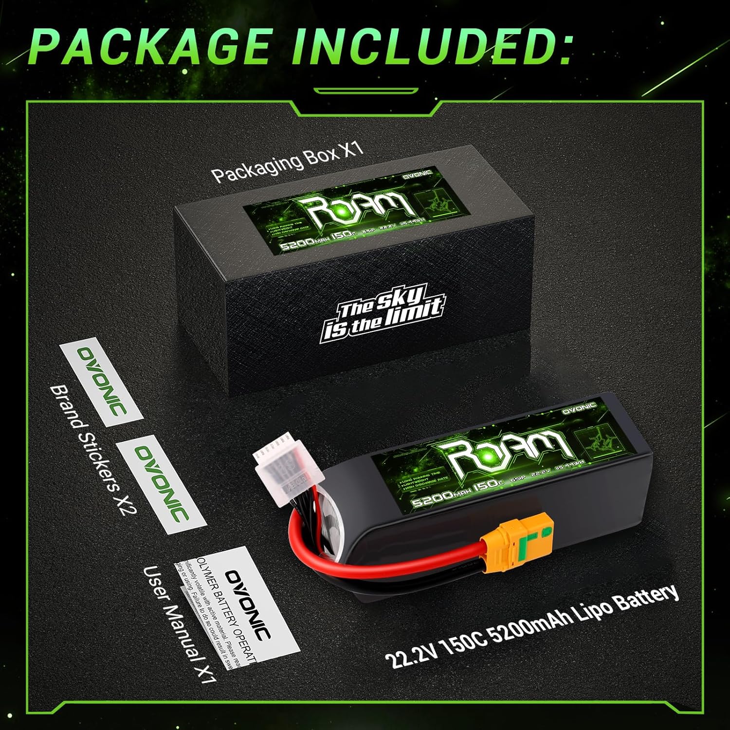 OVONIC Roam Series 6S Lipo Battery 5200mAh 6S1P 150C 22.2V Long Range Lipo Battery with XT90-S Anti Spark Plug for 7-10 inch Long Range Drone 6S HD Cinelifter Multirotor X-Class