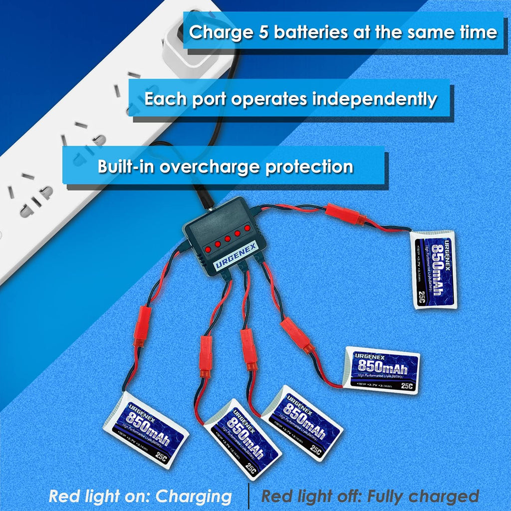 URGENEX 3.7V Lipo 850mah Rechargeable Lipo with JST Plug X5 Charger for MJX Syma Holy Stone Sky Viper RC Quadcopter Drone X56W X400 X400W X300C X400C X800 HS110 HS200 S670 V950hd S1750 V2450