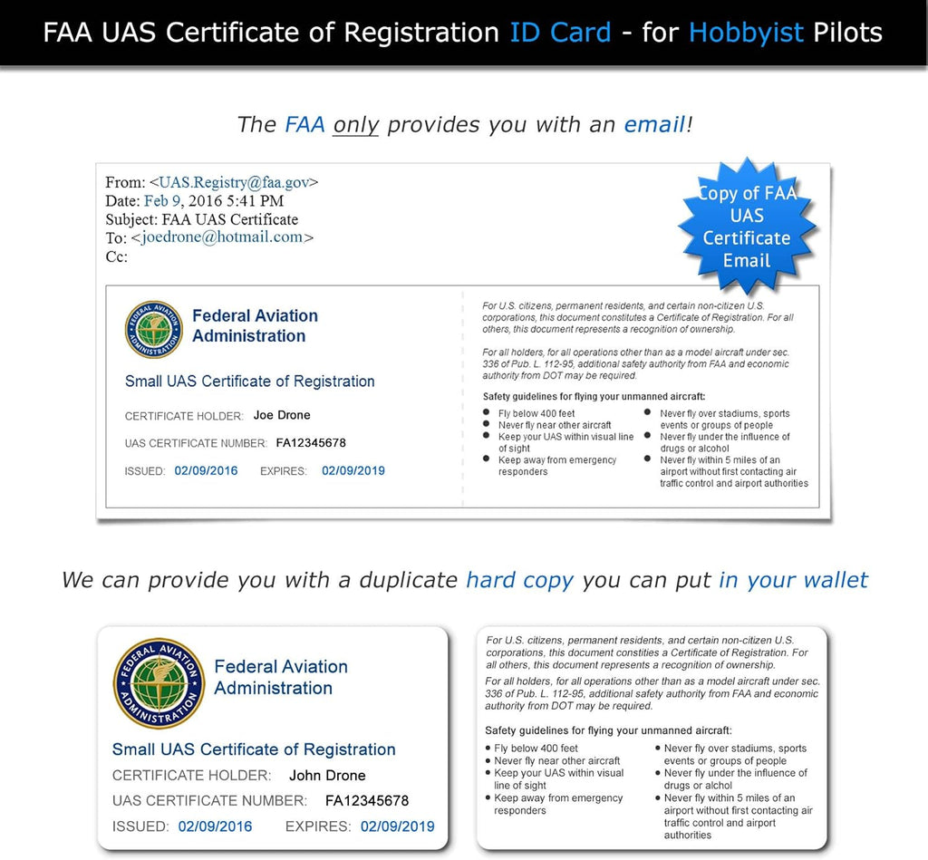 FAA Drone Labels (2 Sets of 3) + FAA UAS Registration ID Card for Hobbyist Pilots - Optional Battery Labels