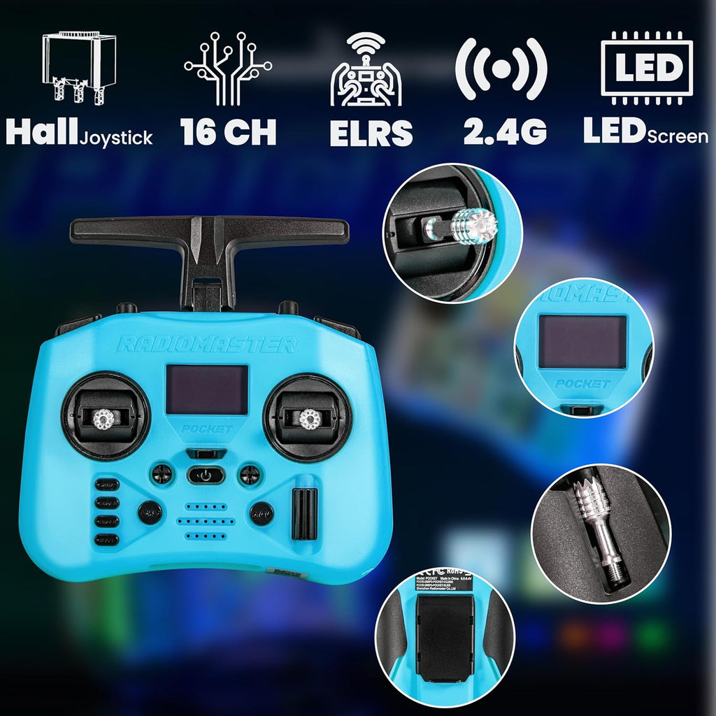 Radiomaster Pocket ELRS Remote Controller Portable Hall Gimbal EdgeTX 2.10.5 Transmitter with LED Light for FPV Drone/RC Helicopter&Car Boats&Multirotor (Battery Not Included)